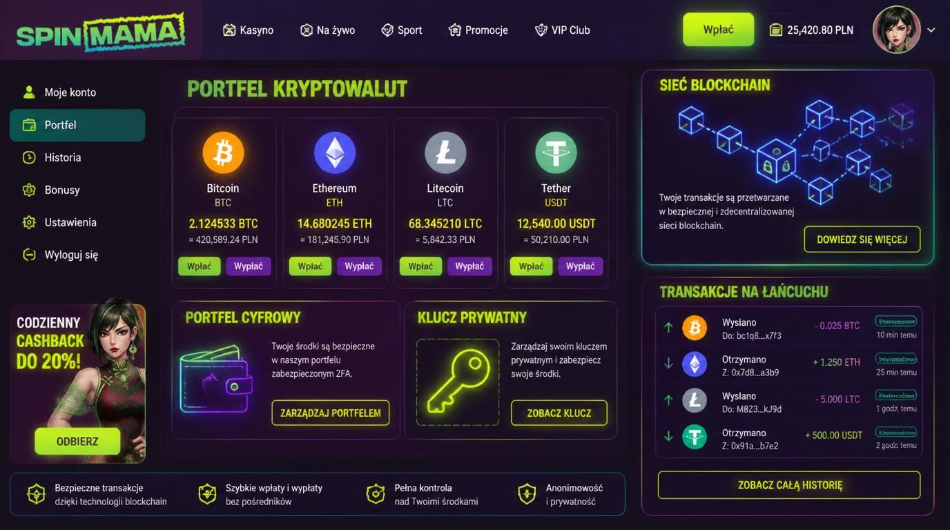 Transakcje kryptowalutowe w kasynie Spinmama.