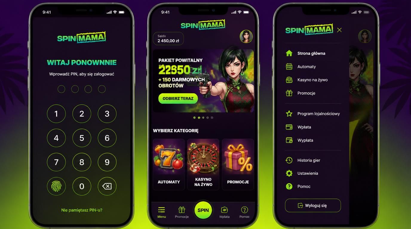 Interfejs aplikacji spinmama z menu głównym i logowaniem PIN