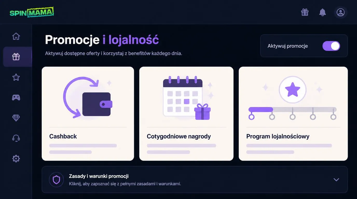 Panel promocji kasyna z kalendarzem tygodniowych nagród, kartą cashbacku i wskaźnikiem punktów lojalnościowych