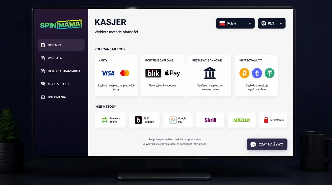 Panel kasy z walutą PLN, wyborem języka polskiego, metodami płatności i przyciskiem czatu
