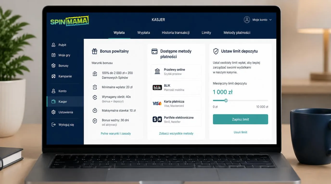 Panel kasyna z warunkami bonusu, metodami płatności i ustawieniem limitu depozytu