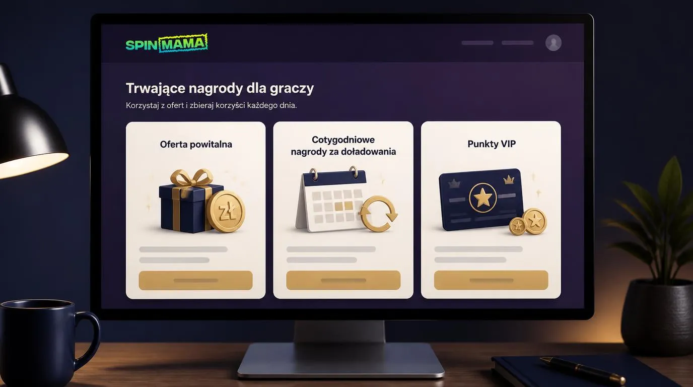 Panel promocji kasynowych z kartami bonusu powitalnego, nagród tygodniowych i punktów VIP